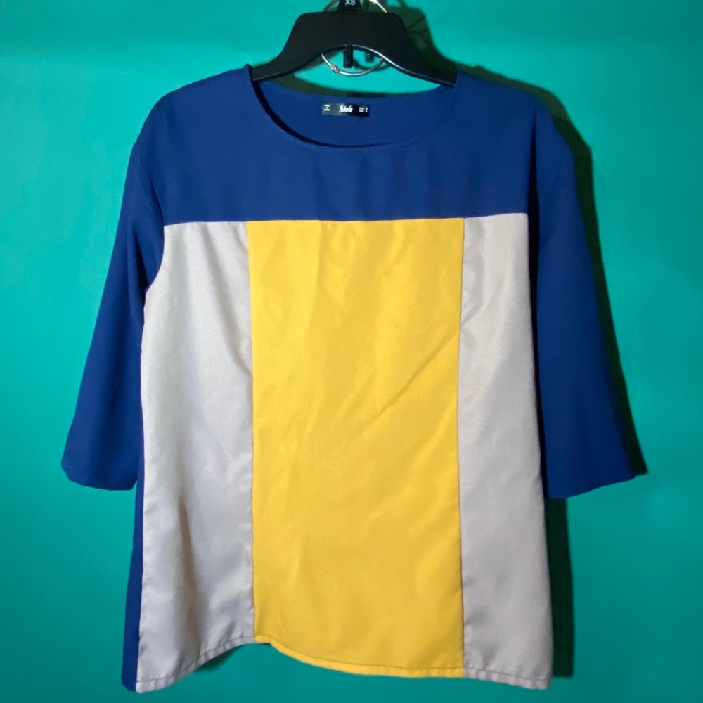 Shein Blue Color Block Short Sleeve Blouse Top